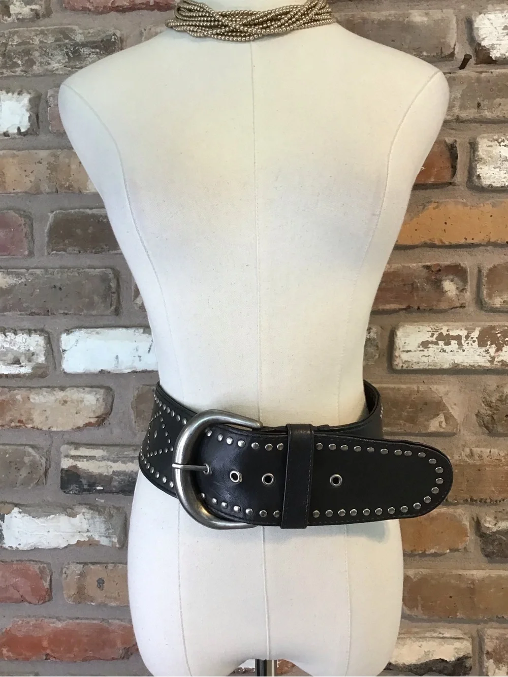 Boho Women's Black Studded Faux Leather 3 Inch Wide Belt with Silver Buckle L